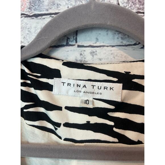 Trina Turk black white cap sleeve silk wrap dress ring closure women's 10 - Picture 5 of 6